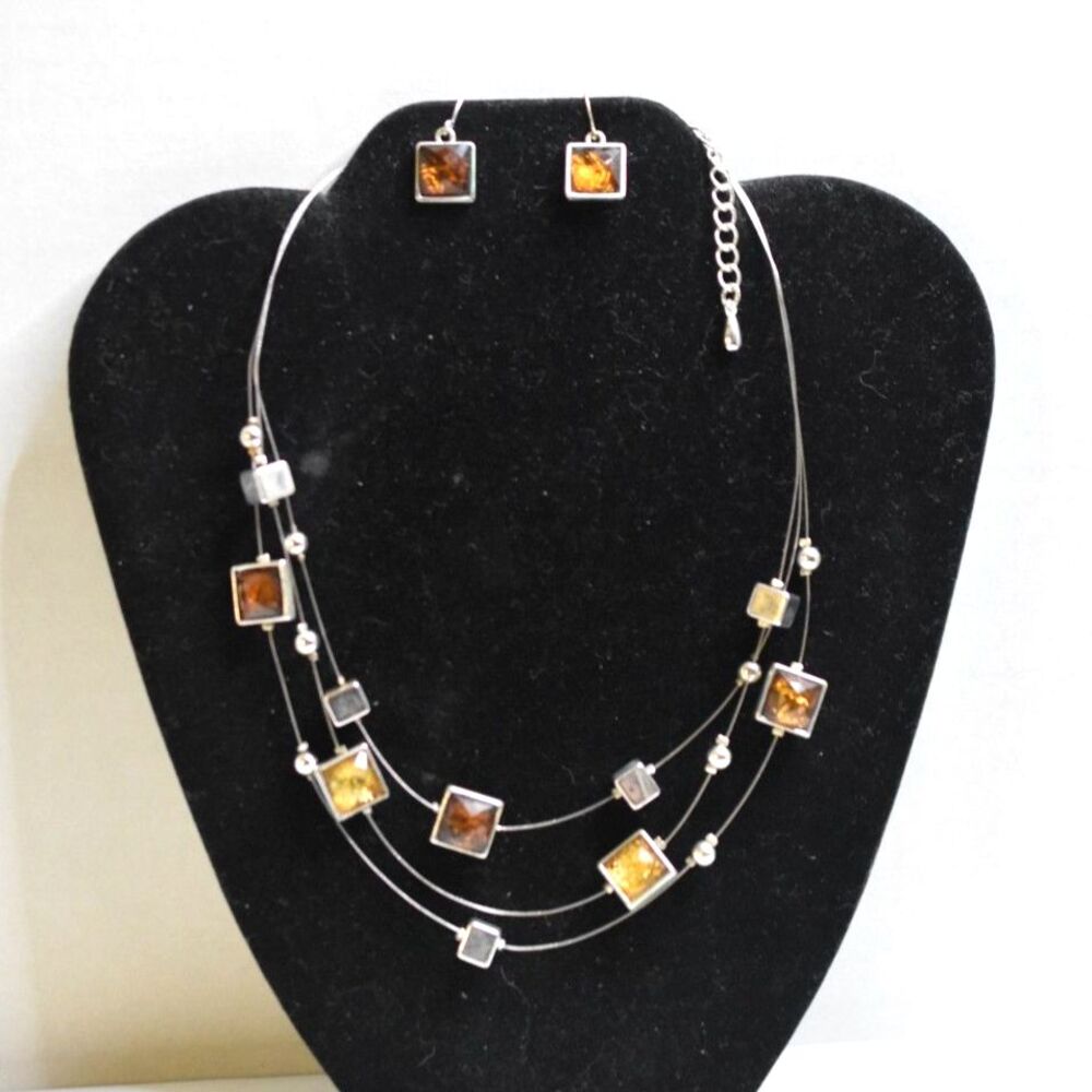 Lovely Baltic Amber Silver Tone Hook Earrings/Multi Layer 16" Y2K Boho Necklace